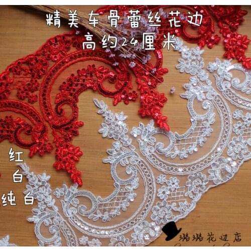 3 Yards 24cm Wide Off White Red Sequin Beautiful Embroidery Wedding Lace Applique Flower Sewing Lace Trims Fabric DIY Craft