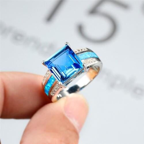 Vintage Female Rainbow Crystal Stone Ring Classic Silver Color Wedding Rings For Women Charm Opal Square Engagement Ring