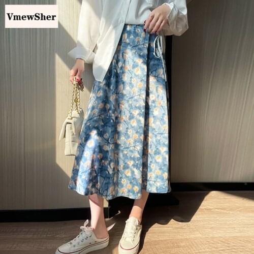 VmewSher New Vintage Spring Summer Women Skirt Floral High Elastic Waist Elegant Mid-calf Long Skirts Flower Painted Pleated