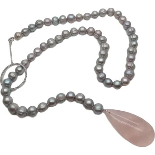 YYGEM 27" Natural Teardrop Rose Quartz Freshwater Grey round Pearl Cz Pave Loop Connector Sweater Chain Necklace