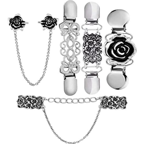 5pcs/set Shawl Scarf Cardigan Sweater Buckle Clip Tight Brooch Retro Rhinestone Flora Chain Brooch Pins for Women Collar Jewelry