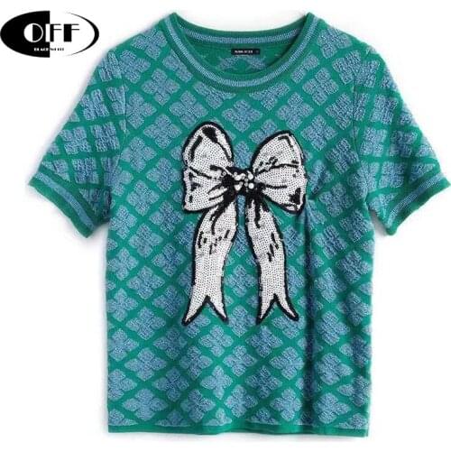 Summer Runway 2021 Retro T-Shirt Women Knitted Tees Green Plaid Beading Tee Bow Sequins Femme Casual Short Sleeve Top футболка
