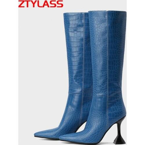 2021 Sexy Wineglass Heel Womens Boots Autumn Winter Knee High Boots Faux Leather Long Boots Slip On Fashion Woman Shoes