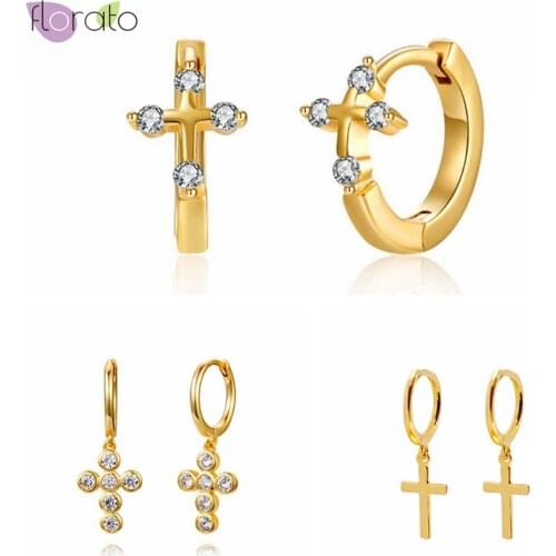 100% Real 925 Sterling Silver Hoop Earrings for Women Dainty Cross-shaped Zircon Pendant Huggie Hoop Earrings Fashion Jewelry