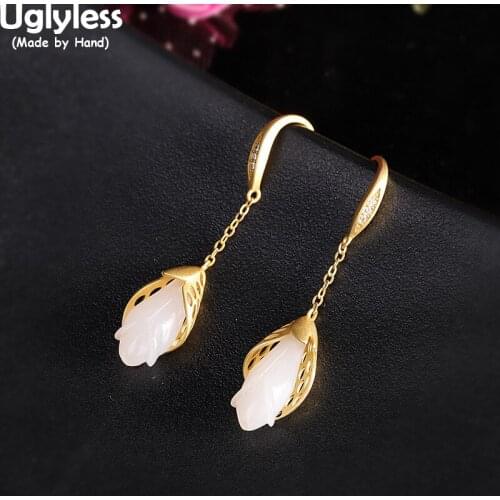 Uglyless Thick Real Gold 925 Silver Earrings for Women Hetian Natural Jade Magnolia Jewelry Gemstones Floral Brincos Jewelry