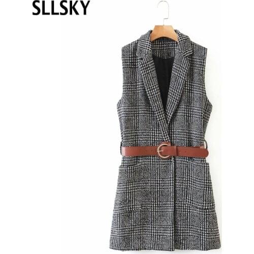 SLLSKY Plaid Pattern Long Women Vest Coat With Belt 2020 Fashion New Office Ladies Waistcoat Sleeveless Blazer Elegant Tops