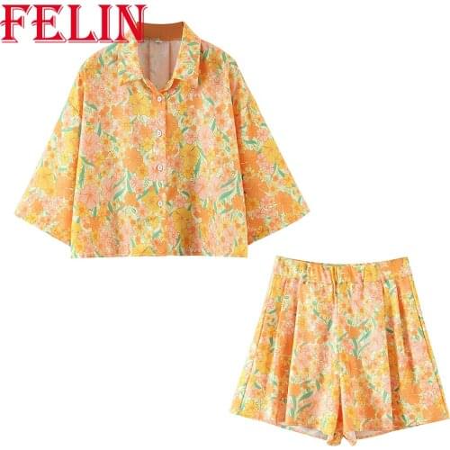 FELIN Za Women Suits Holiday Floral Print Two Pieces Fashion 2021 Women Sets Cropped Tops and Loose High Waist Shorts Mujer Sets