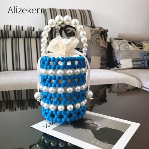 Retro Flocked Beads Bucket Handbags Women 2020 New Chic Hand Woven Hollow Out Panelled Pearls Purse Ladies Chain Shoulder Bags