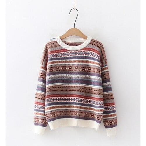 Korean retro striped pullover sweater ladies loose long-sleeved round neck pullover sweater Western style all-match top