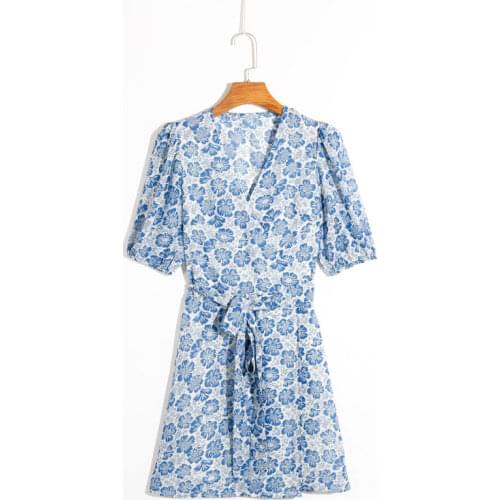Summer womens dress casual flower print V-neck short-sleeved belt decoration dress Vestidos