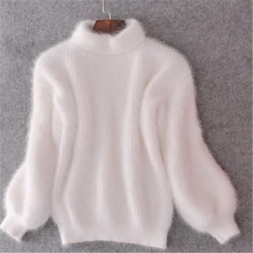Winter Spring Fashion Casual Thickened Warm Turtleneck Mohair Female Sweater Lantern Sleeve Casual Solid Slim Pullover