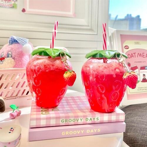 12/3/4PCS Red Strawberry Straw Cup Plastic Cup Cute Female Hand-held Milk Tea Cup