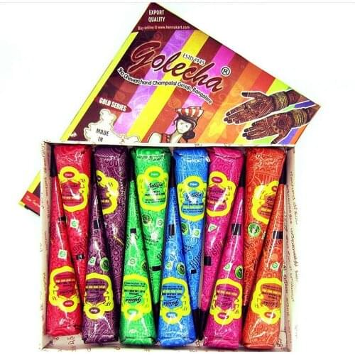 Golecha 12pcs Natural Multicolored Mehndi Henna Cones Indian Henna Tattoo Paste For Temporary Tattoos Sticker Mehndi Body Paint