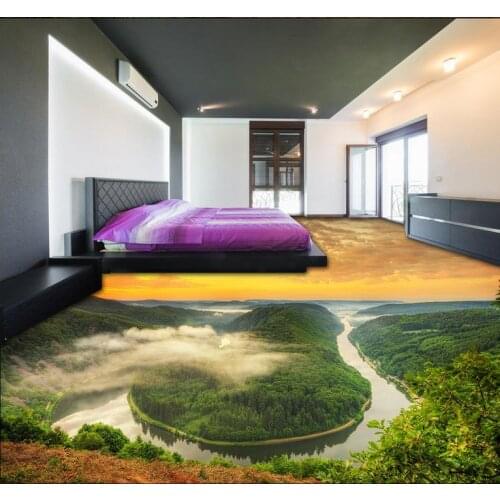 3D wall murals wallpaper floor Mountains and rivers Waterfalls 3D floor PVC waterproof floor Home Decoration
