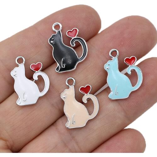 8pcs Enamel Silver Color Cat Heart Charms Pendant for Jewelry Making Earrings Bracelet Necklace Accessories DIY Craft 20x16mm