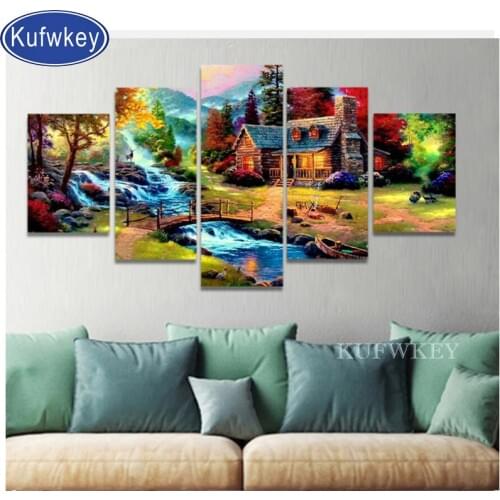 5 pcs Diamond Painting House "mountain river villa''Mosaic Cross-Stitch Embroidery christmas 5d diamond art Scenery painting