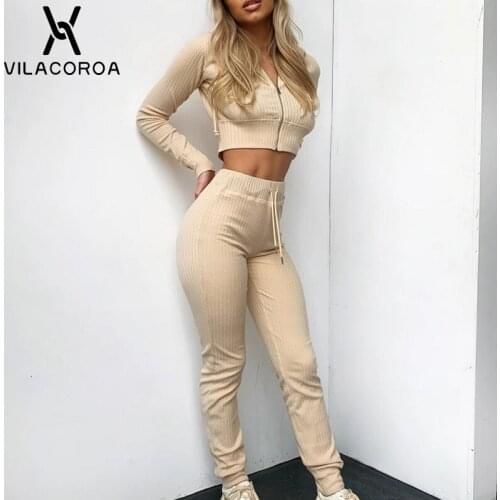 Beige Knitted Ribbed Women Sports 2-Piece Suit Hooded Sweatshirt Straight Trousers Sets Casual Fitness Female Two-Piece Outfits