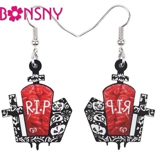 BONSNY Halloween Acrylic Red Ghost Cross Tombstone Earrings Fashion Long Drop Dangle Jewelry For Women Girls Gift Teens Gifts