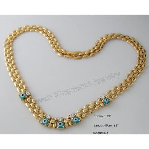 18" 45cm 10MM 0.39" YELLOW GOLD GP EVIL EYE BLUE GLASS BEADS NECKLACE PLAIN PARTS CONNECTED