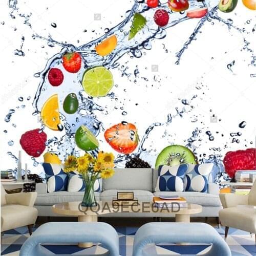Fruit wallpaper,Fresh fruits falling in water splash,3D modern for kitchen dining room cafe shop background wall silk mural