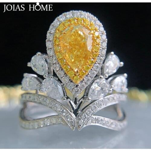 JoiasHome Luxury S925 Ring For Women Silver Fine Jewelry Crown Design Water Drop Shaped Asche Yellow Gemstone Wedding Engagement