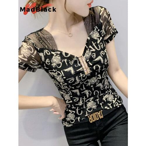 Summer European Clothes Mesh T-Shirt Chic Sexy Letter Shiny Beads Diamonds Women Tops Bottoming Shirt Short Sleeve Tees T15720A