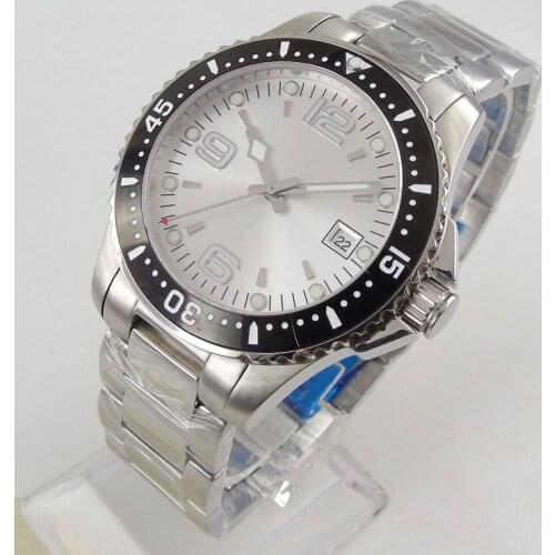 40mm Sterile Silver Dial Sapphire Crystal Date MIYOTA 8215 Luminous Black Ceramic Bezel Automatic Mechanical Mens Watch