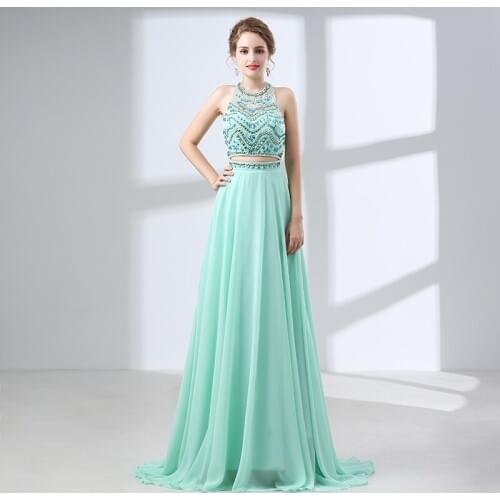 Mint Green Beaded Evening Dresses 2020 Rhinestone Two Pieces Long Evening Gowns Formal Women Party Prom Gowns vestido de festa