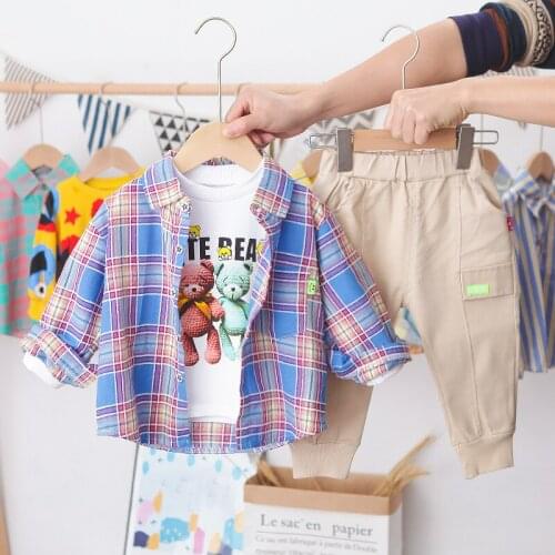 New Spring Autumn Baby Boys Clothing Sets Cotton Toddler Plaid Lapel Shirt+Cartoon T-shirt+Solid Pants Kids Fashion Outfits