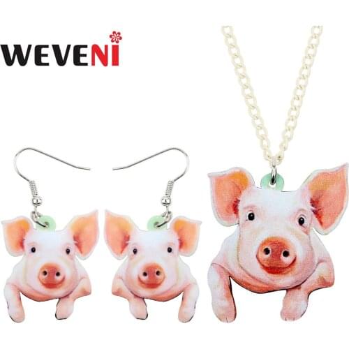 WEVENI Acrylic Happy Pig Piggy Earrings Necklace Chain Collar Anime Farm Animal Jewelry Sets For Women Girls Party Gift Female