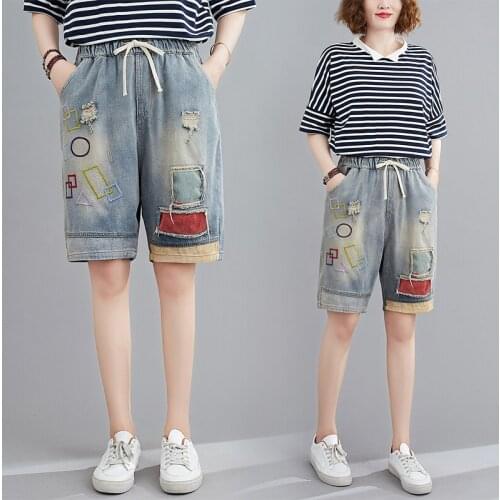 Plus Size Korean Knee Length Shorts Women Patchwork Ripped Denim Jeans Short Feminino High Waist Loose Wide Leg Short Pants
