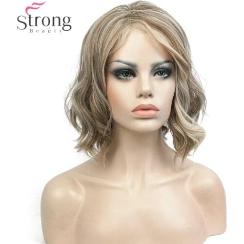 StrongBeauty Women Synthetic Wig Medium Length Curly Light golden Highlighted/Balayage Hair Natural Wigs