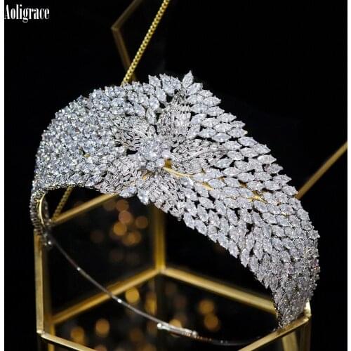 Luxury 5A Level Cubic Zirconia Wedding Tall Tiaras CZ Zircon Flower Shapes Princess Crowns Birthday Headpiece Hair Accessories