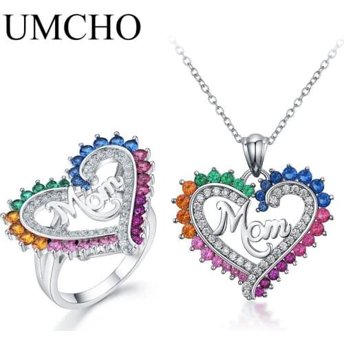 UMCHO 925 Sterling Silver MOM Heart Pendant Necklace Ring For Women Mothers Day Jewelry Gifts for Mom Jewelry Set