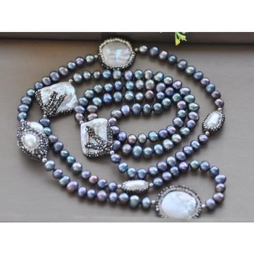 Z10272 38" 29mm Black Round White Coin Keshi CZ Pearl Necklace