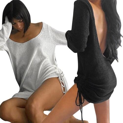 Women Autumn Outfit, Simple Solid-Color U-Neck Long-Sleeves Backless Knitting Skirt with Drawstring Hemline for Girls