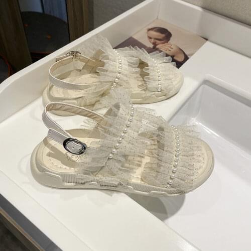 2021 Summer New Out Fairy Lace Pearl Flat-sole Comfortable Sandals Fashion with Sweet Wide Feet Pure Color Woman, Shi Sandals