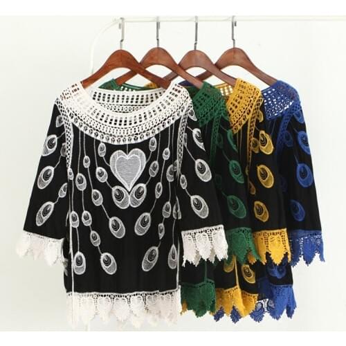 Women Shirts Korean Fashion Women shirt Batwing sleeve Mesh embroidery Tops Casual Summer Loose Lace blouse blusa feminina