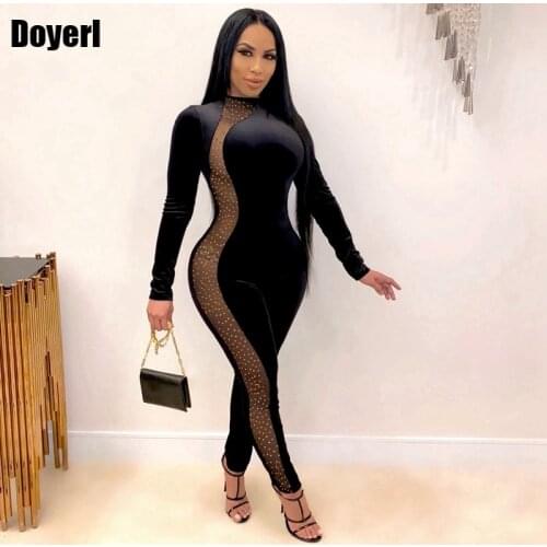 Black Velvet Jumpsuit Women Elegance Rhinestone Patchwork Mesh Bodycon Sexy Jumpsuit Clubwear Woman Jumpsuit Spring 2021 Pants