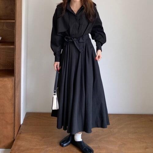 2021 New Women Spring Black Long Shirt Trench Coat Waistbelt Full Sleeve A-line Windbreaker Overcoat Outwear