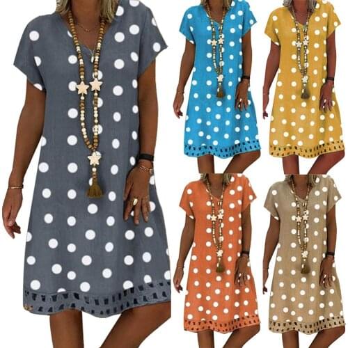 Casual Women Dress Short Sleeve O Neck Dots Print Hollow Out Hem Knee-length Dress женское платье vestido de mujer 2020