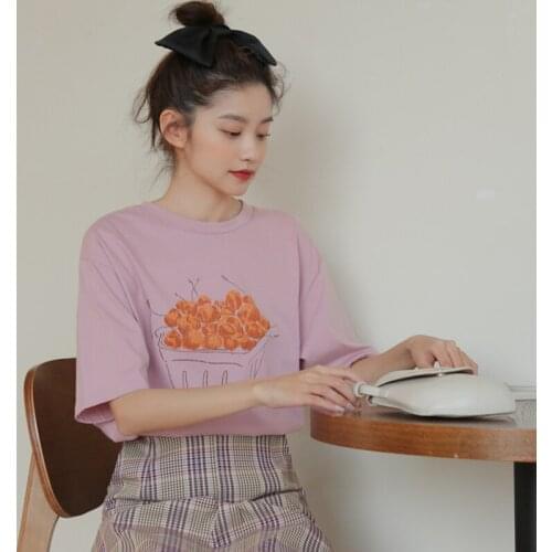 2021 New Cute Cherry Printed Short Sleeve T-shirt Women Casual O-Neck Summer Tops Sweet Woman Loose Tshirts