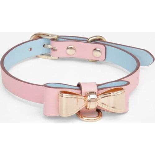 BDSM Bow Pink Collar With Lead Real Leather Bondage Choker Black Sex Toys For Women Restraint