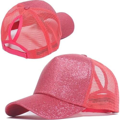 KENSHELLEY European And American Girls Hign Bun Baseball Cap Adjustable Ladies Frosted Mesh Cap Glitter Ponytail Baseball Cap