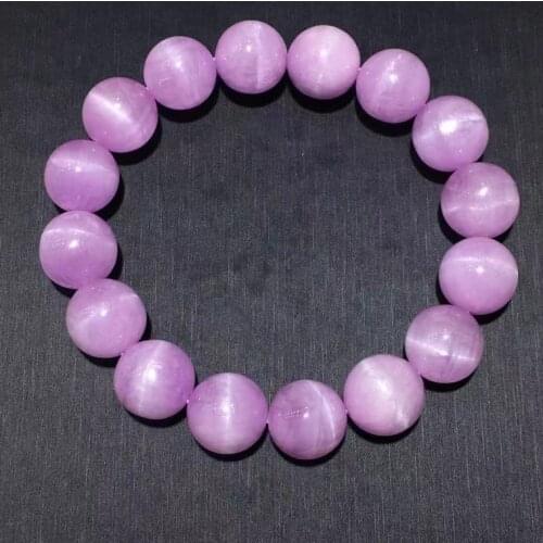 Genuine Natural Purple Kunzite Quartz Clear Round Beads Bracelet 13.6mm Kunzite Cat Eye Women Men AAAAAA
