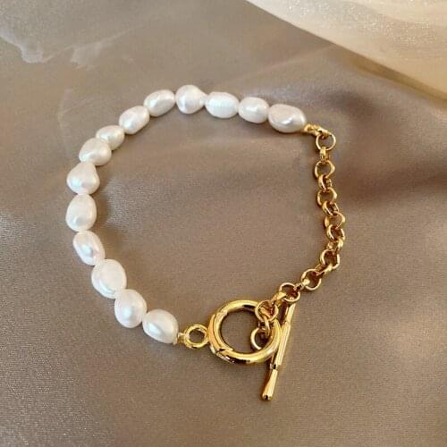 Korean Style Simple Fashion Natural Baroque Pearls Bracelet for Women 14K Real Gold Chain Cuff Bracelet Party Jewelry 2021 New