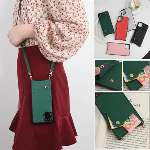 Lychee pattern Leather phone Case For iphone 11 pro XS MAX XR X 6 7 8 plus Credit card slot back cover With Shoulder strap rope