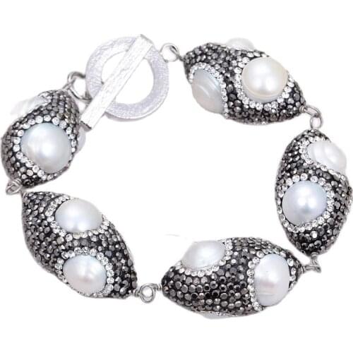 GG Jewelry Natural Freshwater Cultured White Pearl Black Rhinestone Pave Olive shape Bracelet 8.5" Handmade For Women