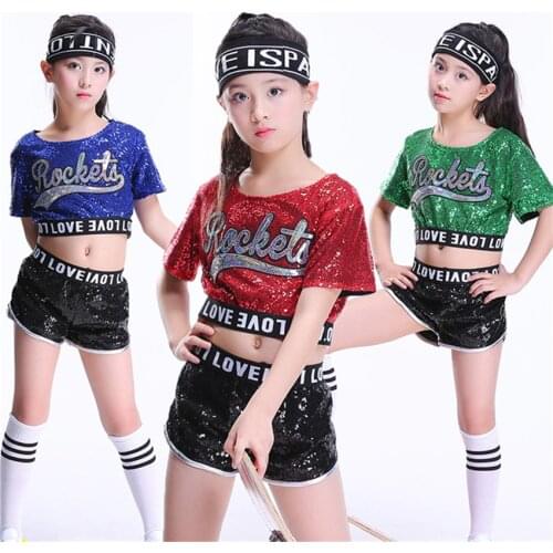 Kids Jazz Dance Costume Hiphop Dresses for Girls Stage Performance Cheerleader Costumes Holographic Sequin Top+Pant Set