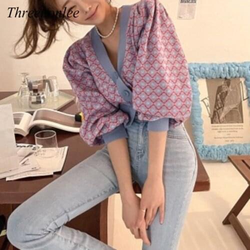 Fashion Korea Womens Coat 2021 Autumn New Bubble Sleeve Color Matching Pattern Short Cardigan Sweater Top